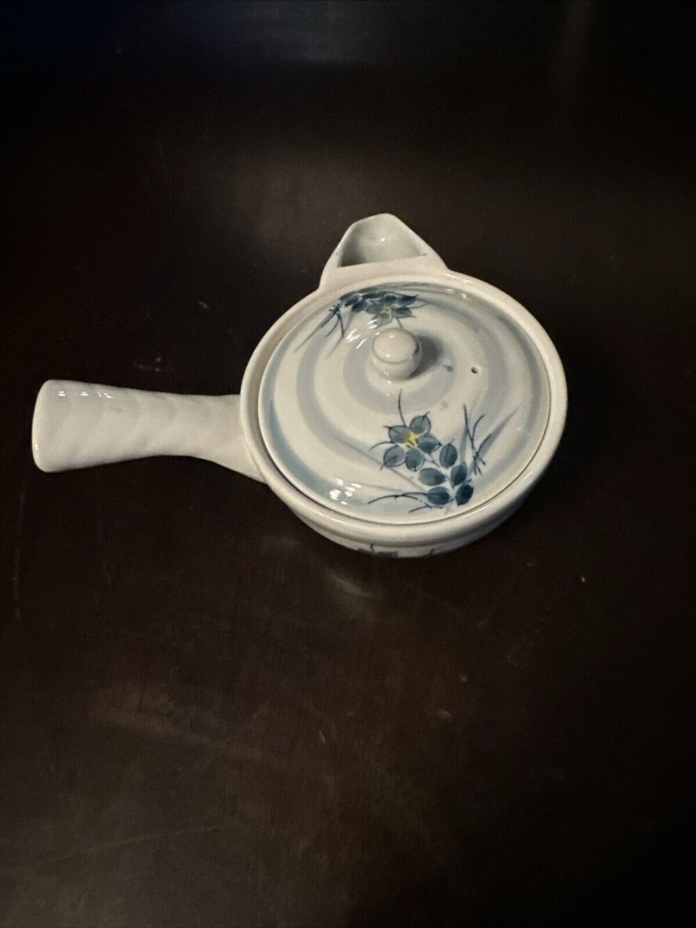 Vintage Oriental Teapot Blue Yellow Floral with Side Handle and Lid